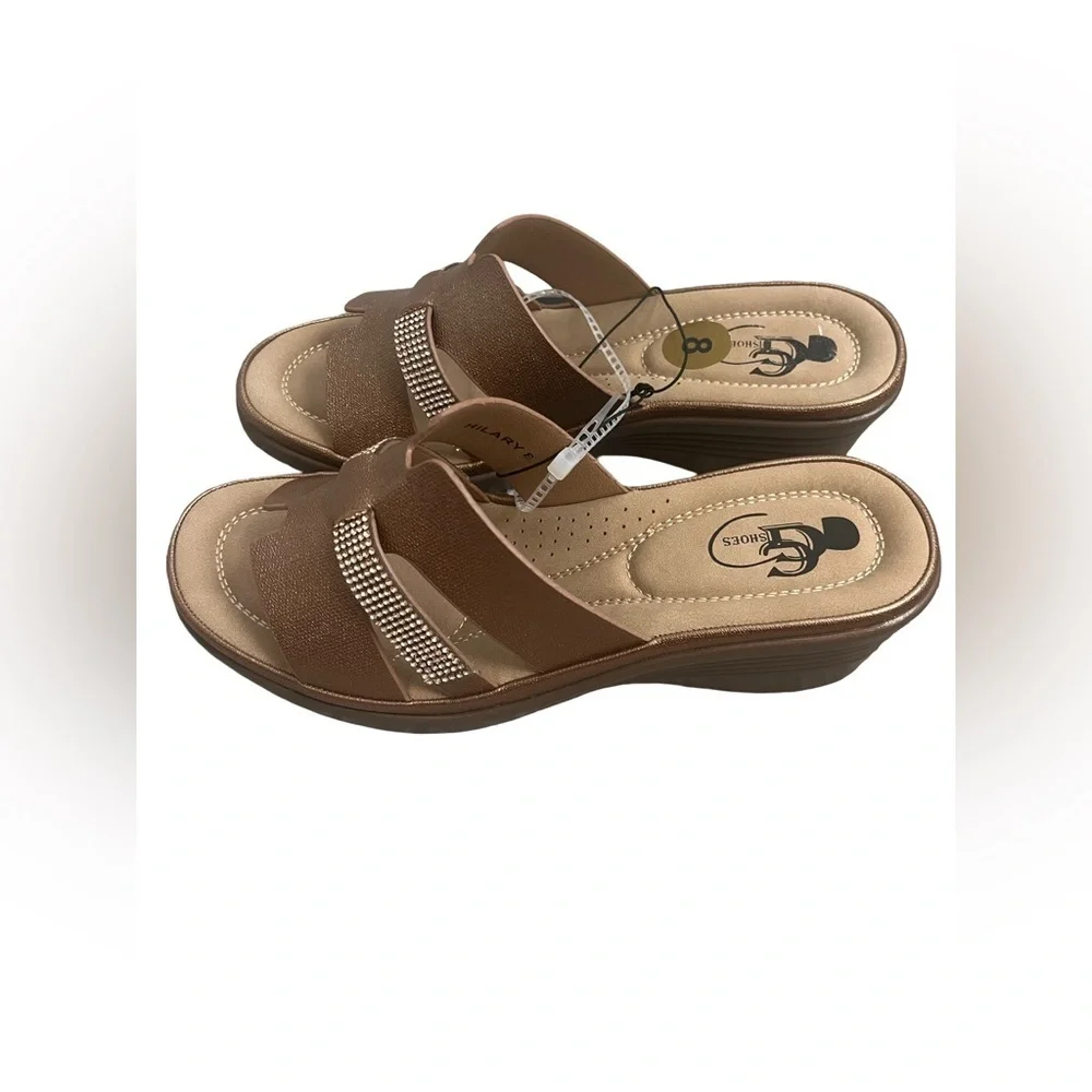 GC Women Brown Slide Sandals with Rhinestone Accents Wedge Heel Size:8. NWT.
